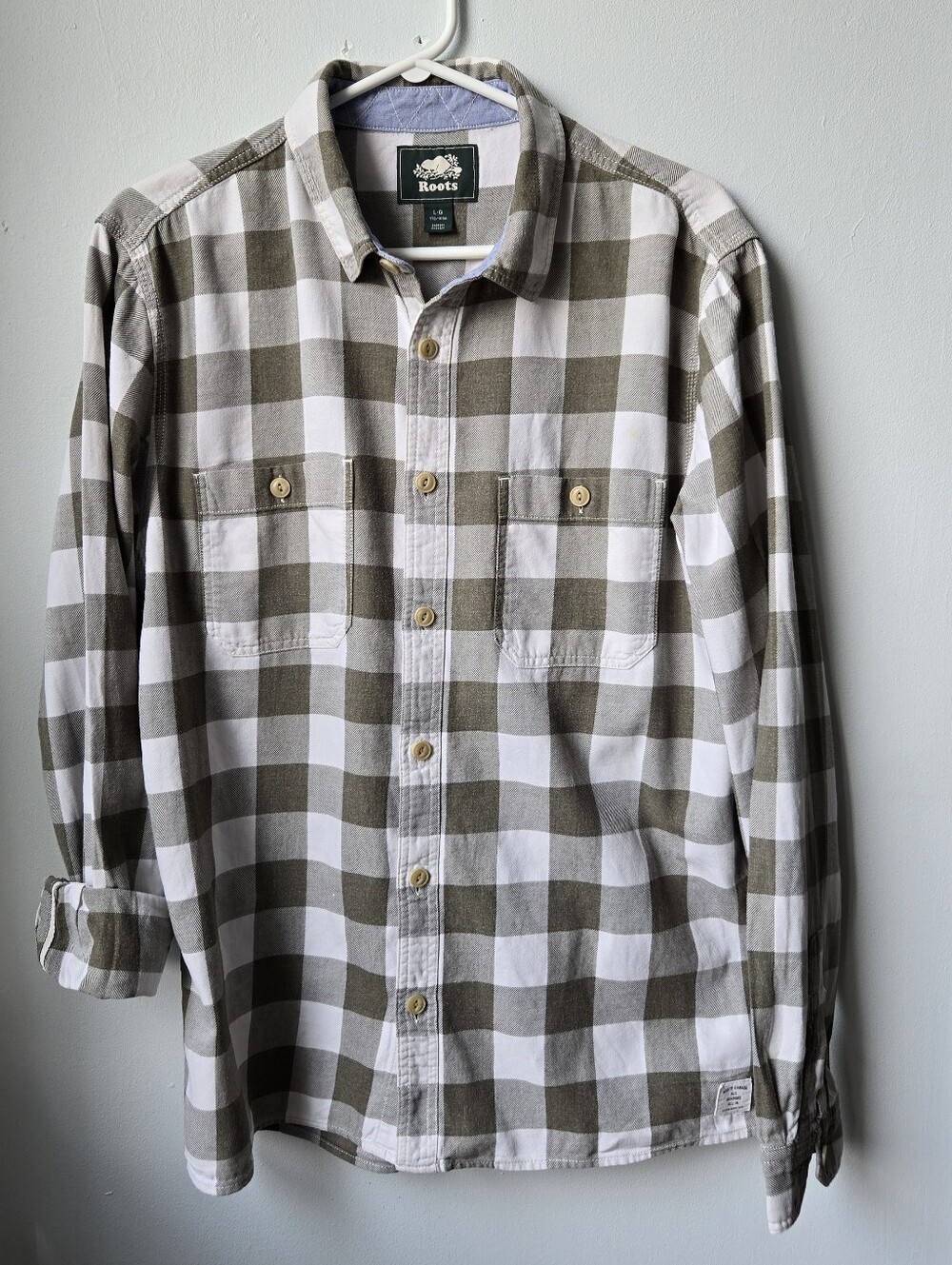 Roots Men's Lg Olive and White Buffalo Plaid Button-Down Shirt Cabin Aesthetic